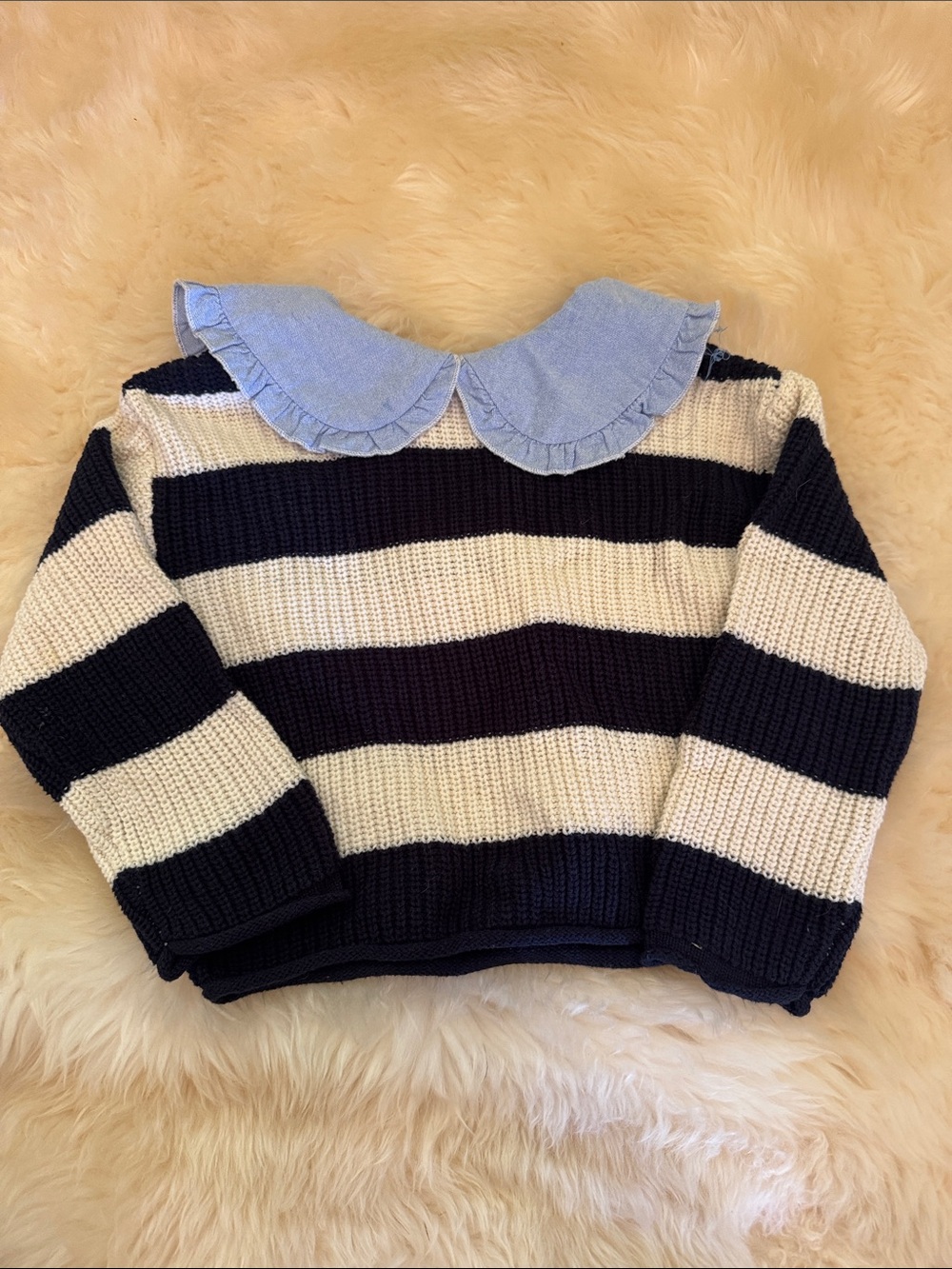 Zara Navy and Cream Striped Sweater with Blue Peter Pan Collar